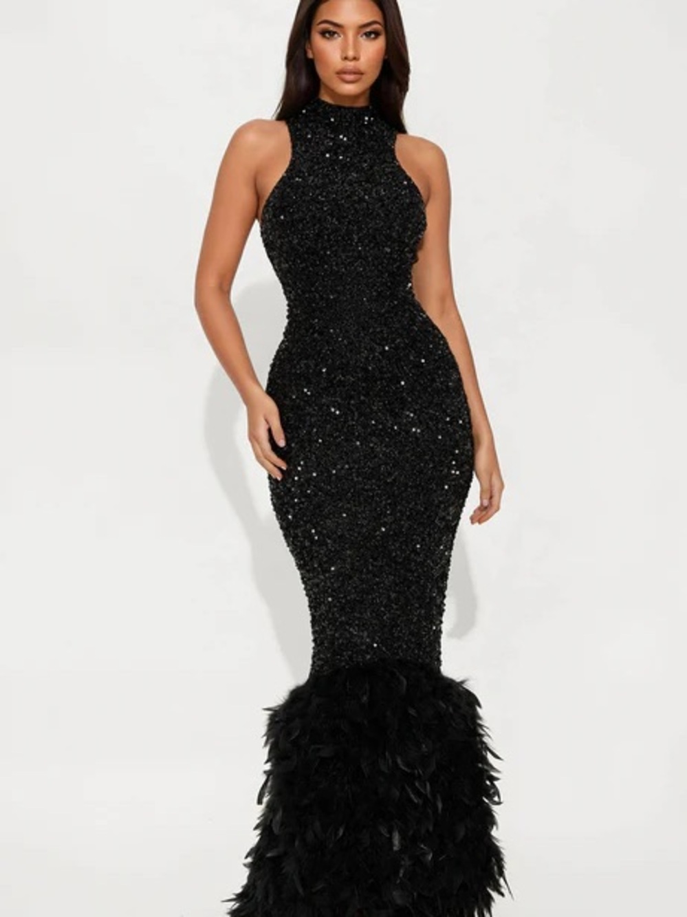 Fashion Nova Black Sequin Mermaid Gown with Feathered Hem